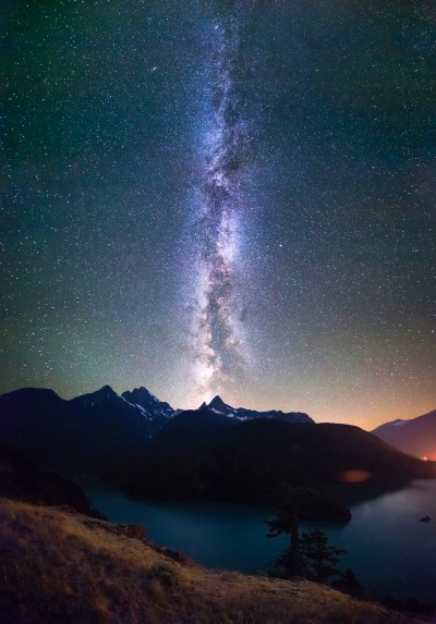 Milky Way Stars at night Diablo Lake vertical panorama