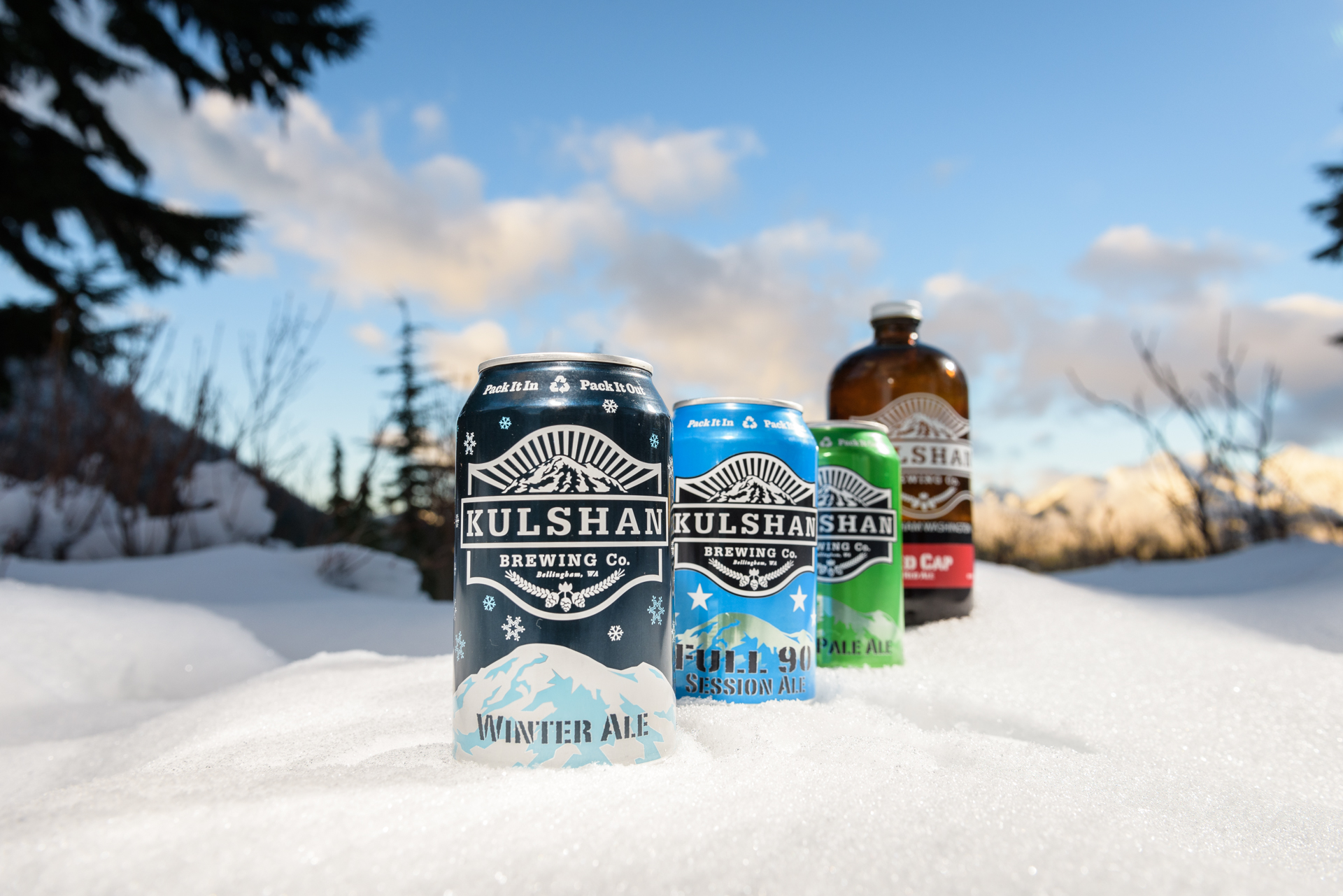 Kulshan beer cans in the snow